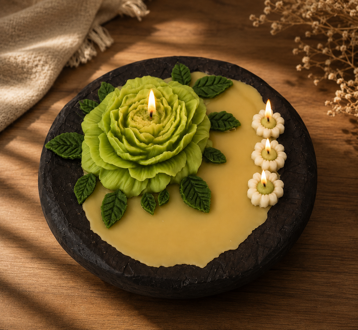 Green Floral Peony Candle